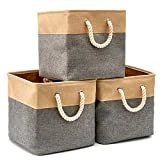 EZOWare Pack de 3 Bacs de Rangement, Cubes de Rangement pliants en Tissu Toile Tweed avec poignée pour Jouets, Les vêtements Serviettes Stockage (33 x 33 x 33 cm), Gris et Marron