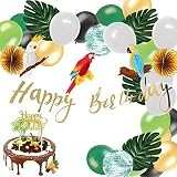 Easy Joy Anniversaire Summer Party Happy Birthday Deco Kit Perroquet Decoration + Ballons + Feuille Artificielle Tropicale + Cake Topper - 36pcs