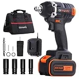 Clé à Chocs Sans Fil, GOXAWEE 20V Boulonneuse a Choc Electrique (4.0Ah Batterie Lithium, 300Nm/ Brushless/ 2-Vitesses, 6,35mm & 12,7mm Mandrin) avec 11 Accessories Inclure Sac à Outils