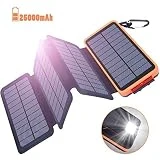 Oxsaytee Batterie Externe 25000mAh Power Bank Solaire, Chargeur Solaire avec 2 Entrées (4 Panneaux Solaire & USB) 2.1A 2 Ports Haute Vitesse, Lampe LED et Crochet pour iPhone iPad Samsung et Autres