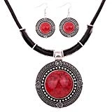 Yazilind Pendant Unite Centrale cru Chaine Cuir Argente tibetain Rond Rouge Turquoise Collier Boucles Oreilles