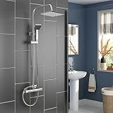 Anaelle Pandamoto Colonne de Douche Fixe Mitigeur avec Plateau de Rangement Pommeau Rectangulaire et Douchette à Mains Carré Réglable en Hauteur sur Salle de Bain, Poids: 3kg, Argent