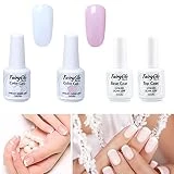Vernis Semi Permanent de Fairyglo French Manucure Gel UV Blanc Rose et Base&Top Coat Nail Art 15ml*4 + Tip Guides