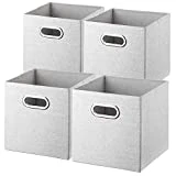27cm Cube Boîte de Rangement Set de 4,MEETMISS Polyester-Coton Pliable Organiseur Coffre avec Poignée Paniers pour Jouets Vêtement Disques DVD Etagère Rangement Gris