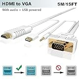 Cable HDMI vers VGA 5M avec Audio,FOINNEX Adaptateur/Convertisseur Cordon HDMI VGA Jack,Male HDMI Sortie a VGA Prise/Connecteur pour PC,PS4/PS3,Xbox,Nintendo Switch,Mac à TV,Moniteur,Projecteur,1080P