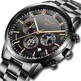 LIGE Montres Hommes Imperméable Acier Inoxydable Sport Quartz analogique Montre homm Entreprise Décontractée Chronographe Date Amoureux Phase de Lune Militaire Noir Montre-Bracelet