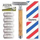 Rasoir de Sécurité par Sapiens - Rasoir de Sûreté avec 5 Lames Doubles Astra - Rasoir de Barbier/Coiffeur Traditionnel avec Manche en Bois pour Barbe - Rasage Manuel Visage & Corps, Homme & Femme