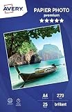 Avery 25 Feuilles de Papier Photo 270g/m  A4 - Impression Jet d'Encre - Brillant - Blanc (2739)