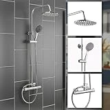 Anaelle Pandamoto Colonne de Douche Fixe Mitigeur avec Plateau de Rangement Pommeau Ronde et Douchette à Mains Carré Réglable en Hauteur sur Salle de Bain, Poids: 3kg, Argent
