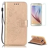 CaseHome Compatible with Case Samsung Galaxy S7 Edge Coque en Cuir [avec Gravuit Protection D'écran] Papillon Fleur en Relief Embossed avec Carte de Crédit et Dragonne-Couleur Or