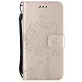 Fatcatparadise Coque Galaxy J3 2017/J330 [avec Protecteur d'écran en Verre Trempé], (Série de Chat et d'arbre) Rétro Emboss Premium Flip Housse Coque Etui PU Cuir pour Samsung Galaxy J3 2017/J330(Or)