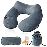 Viedouce Oreiller de Voyage Gonflable,Coussin de Voyage Cou Nuque Support Ergonomique Lavable Velours Gonflage Rapide avec Bouton Pression Brevetée (Gris)