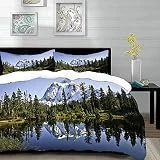 Yaoni Parure de lit Adulte,Housse de Couette,Forêt de Montagne Lac,pins et Paysage enneigé avec Crystal Lake Nature Photo,Orange,1 Housse de Couette 240 x 260 cm + 2 Taies d'Oreillers 63 x 63 CM