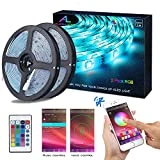 Ruban LED Bluetooth, ALED LIGHT Bande LED Étanche 2x5M(10M) 5050 RGB 150 LEDs, Contrôlé par APP du Smartphone Android et IOS, avec Récepteur Bluetooth, Alimentation 12V 5A, Télécommande IR 24 Touches