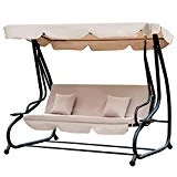 Outsunny Balancelle de Jardin Convertible 3 Places Toit imperméabilisé Inclinaison réglable 2 tablettes + Matelas 2L x 1,2l x 1,64H m métal époxy Noir Polyester Beige