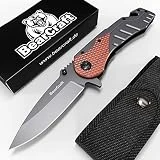 BearCraft Couteau Pliant avec ** eBook GRATUIT ** | Couteau de Survie en Plein Air avec Insert en Bois | Petit Couteau Pliant en Acier Inoxydable | Idéal Pour les Loisirs, Randonnée Pédestre