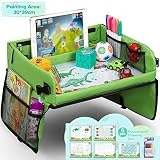Lenbest Plateau Voiture, Plateau de Voyage Enfants pour Siège Voiture et Poussette Voyage Aérien avec Sac de Rangement + 5 Papier à dessin + 6 Crayons de Couleur - Vert - Peut Dessiner Sur le Dessus