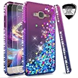 LeYi Coque Galaxy J3 2016 avec Verre Trempé [Lot de 2], Fille Personnalisé Liquide Paillette Transparente 3D Silicone Gel Antichoc Kawaii Étui pour Samsung Galaxy J3 2016 / J3 2015 Bleu Violet