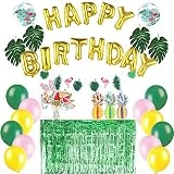 Easy Joy Summer Party Decoration Tropical Anniversaire Deco Ananas Decofatif Happy Birthday Ballon Or + Tropical Feuille Artificielle + Nappe Metallique a Frange Vert + Summer Photobooth
