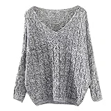 Manadlian Femmes V Collar Pull éVider Bat Manches Longues en Vrac (Gris, Taille Libre)