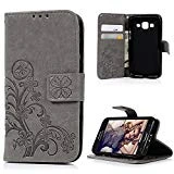 Coque Core Prime SM-G360 4,5', Badalink Coque de Protection Housse Étui en PU Cuir Support Flip Cover Case Couverture Ultra Mince Fermeture Aimantée Portefeuille Cartes Slots pour Samsung Galaxy Core Prime SM-G360 4,5' Motif Relief Lucky Trèfle - Gris