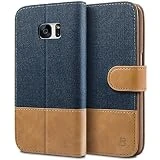 BEZ Coque pour Samsung S7, Etui Samsung Galaxy S7 en Cuir Textile Flip Case Portefeuille, Housse à Rabat Porte-Cartes de Crédit, Fermeture Magnétique Galaxy S7 - Bleu Marine