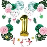 Easy Joy Decoration Anniversaire Fille 1 an Ballon Kit Flamingo Decoration Lampion Papier Pompom Papier Soie + Feuille Artificielle Tropicale